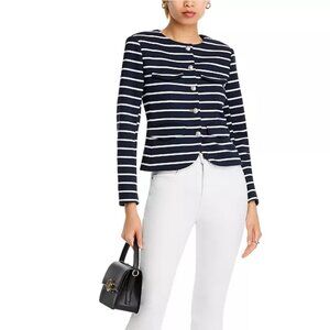 Veronica Beard Kensington Knit Jacket Navy White Stripe Silver Button Size Large